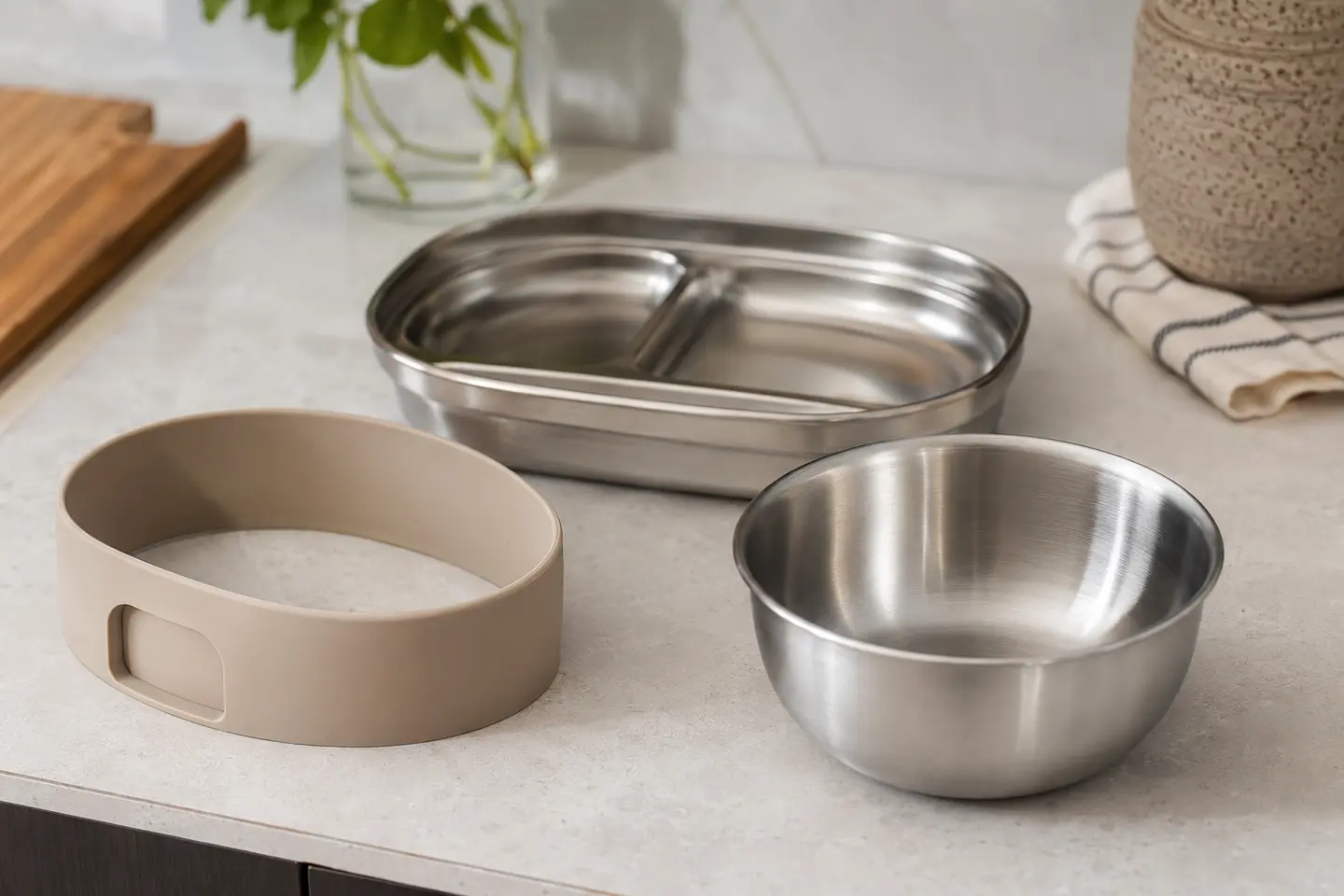 Stainless steel toddler plate and bowl with removable silicone components