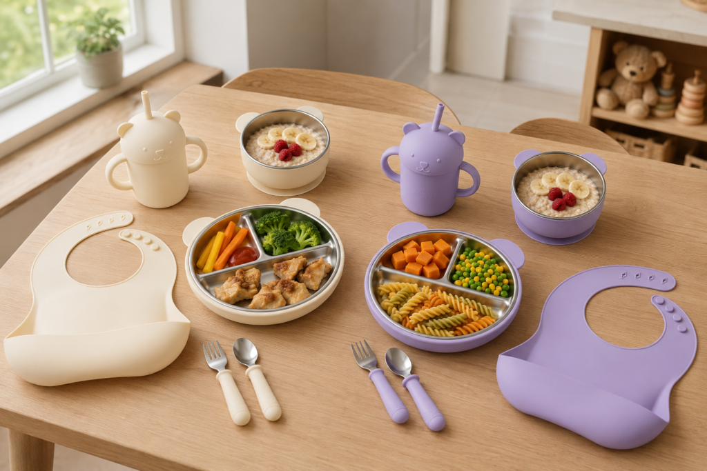 Lavender Bear feeding set served with a toddler meal