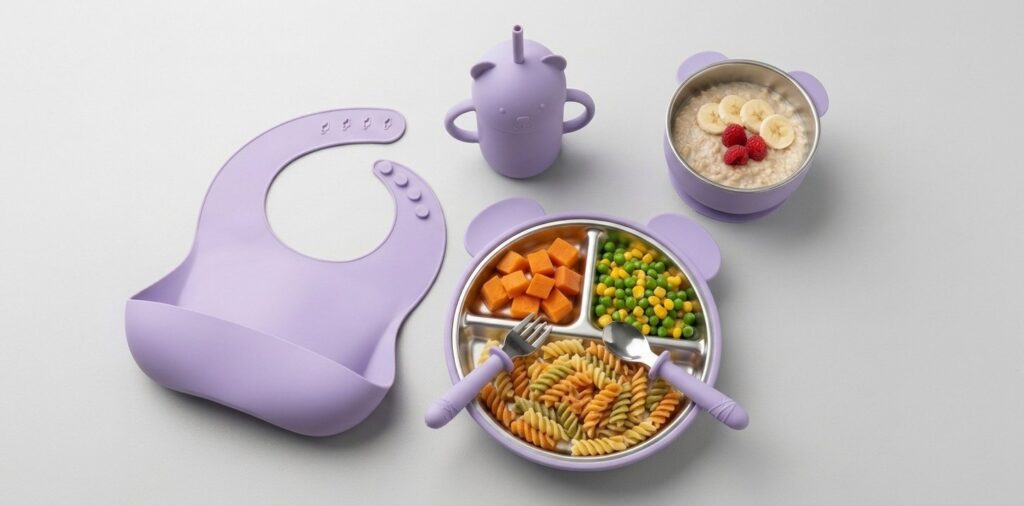 Lavender stainless steel toddler feeding set with food