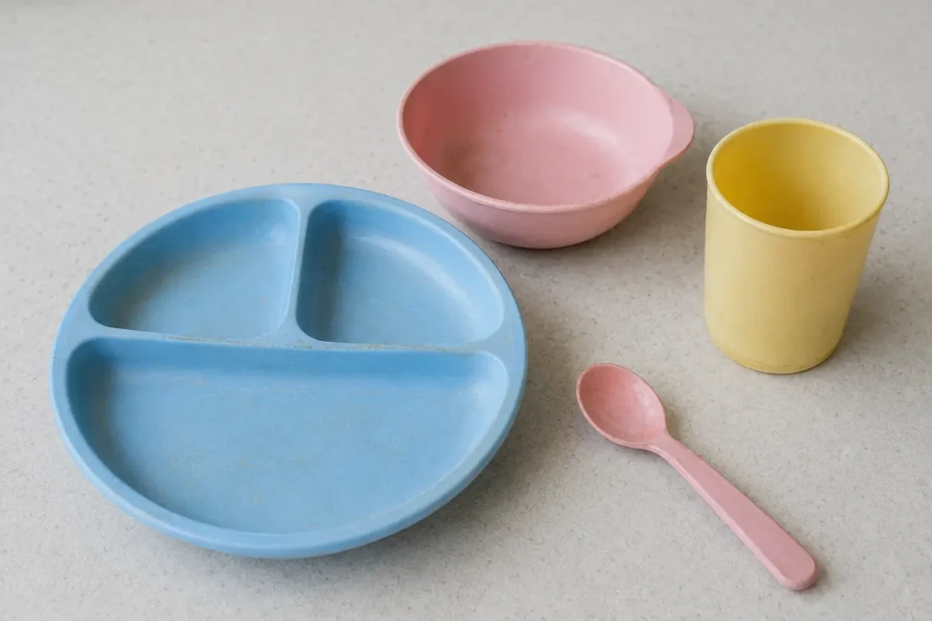 Generic plastic toddler plate, bowl, cup and spoon showing scratches and wear