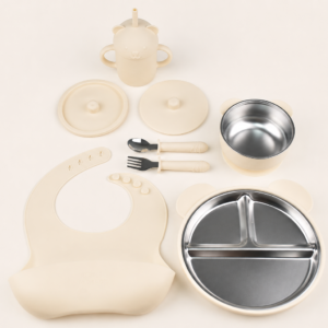 PureSteel Co The Bear Set in Oat, complete stainless steel toddler feeding set